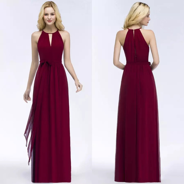 Hot Burgundy Chiffon Long Bridesmaid Dresses Halter Sash Floor Length Beach Wedding Guest Evening Dresses vestido de festa longo