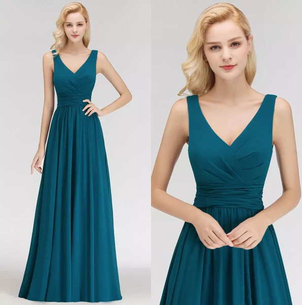 Mingli Tengda New V Neck Chiffon Long Bridesmaid Dresses Sleeveless Floor Length Wedding Guest Maid of Honor Formal Party Dresses