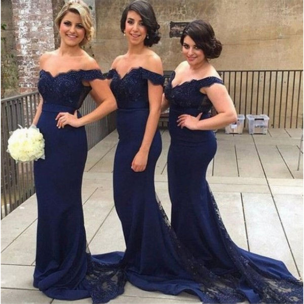 Navy Blue Bohemian Mermaid Bridesmaid Dresses Sexy Off the Shoulder Long Prom Dresses Boat Neck Pretty Party Dress for Wedding