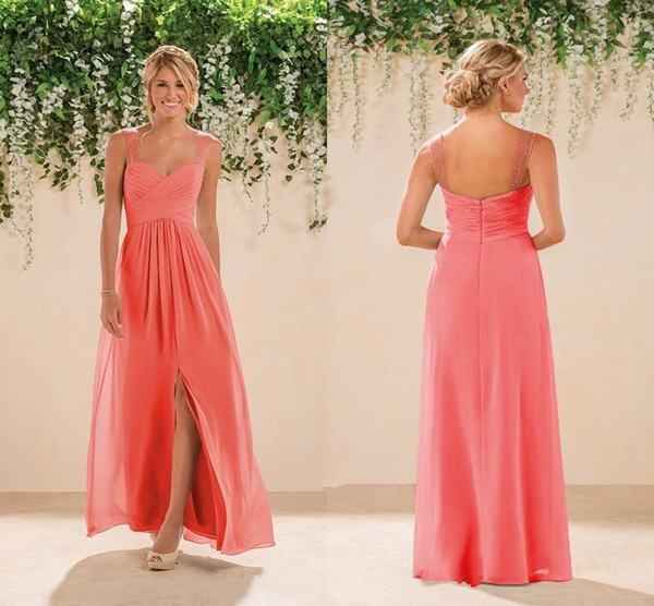 Chiffon Coral Country Long A line Bridesmaids Dresses Spaghetti Straps Backless Crystals Beaded Prom Gowns Bridesmaid Dresses Gowns HY4165