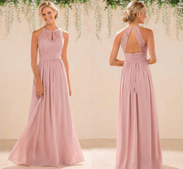 Blush Cheap A Line Lace Chiffon Bridesmaid Dresses A Line High Neck Backless Long Summer Beach Garden Wedding Guest Evening Party Gowns