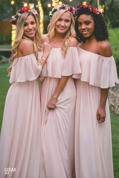 Long Chiffon Off-the-shoulder Neckline Floor-length A-line Bridesmaid Dresses With Ruffles Sleeve Off shoulder Maid Of Honor Party Gown 