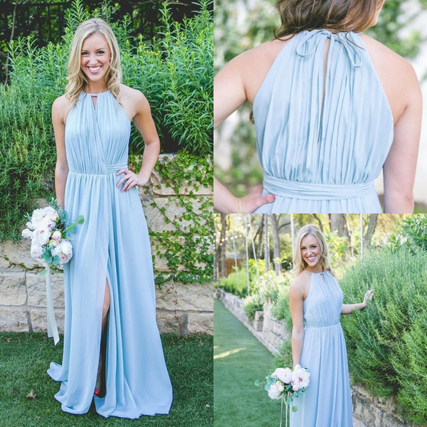 New Cheap Light Sky Blue Bridesmaid Dresses A Line Jewel Neck Chiffon Flow Split Long Maid Of Honor Prom Gowns HY281