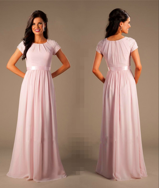 Beaded Pink Long Chiffon Modest Bridesmaid Dresses With Cap Sleeves Elegant Evening Wedding Party Dresses A-line Plus Size Prom Dresses