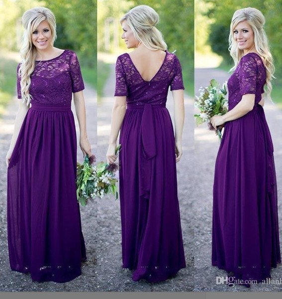 Country Style Purple Lace Bridesmaid Dresses Sexy Backless Long Chiffon Cap Short Sleeves Beach Wedding Maid Of Honor Prom Evening HY282