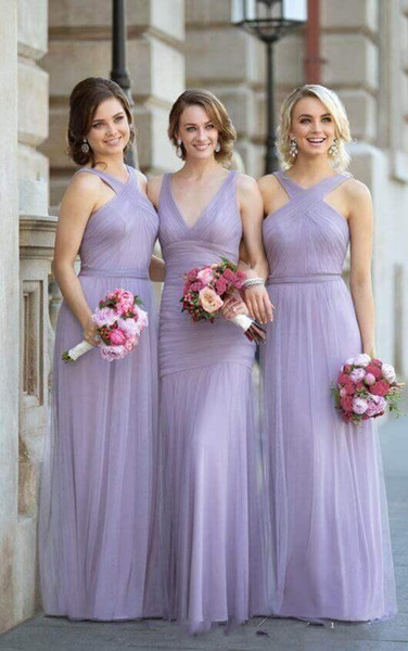 Floor Length Tulle Pleated Halter Neck Or V Neck Elegant Ruched Lavender Bridesmaid Dresses Prom Dresses