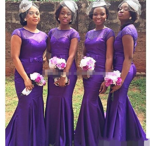 New Purple Beaded Cheap Bridesmaid Dresses Mermaid With Short Sleeves Sheer Jewel Neckline Satin Party Dresses With Bow Sash HY276