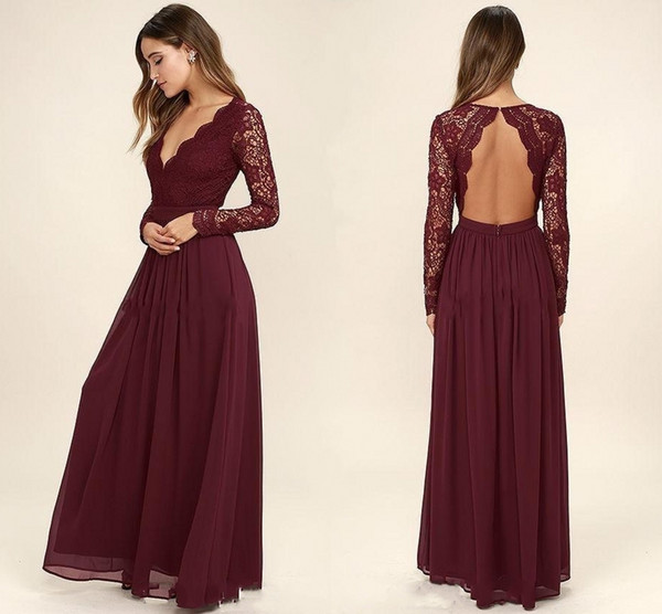 Burgundy Chiffon Bridesmaid Dresses Long Sleeves Western Country Style V Neck-Backless Long Beach Lace Top Wedding Party Dresses Cheap