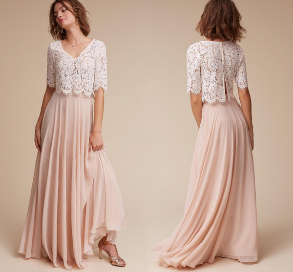 Elegant Dusty Pink Two Pieces Country Long Bridesmaid Dresses Short Sleeves Lace Applique Long Evening Party Prom Dreesses HY289