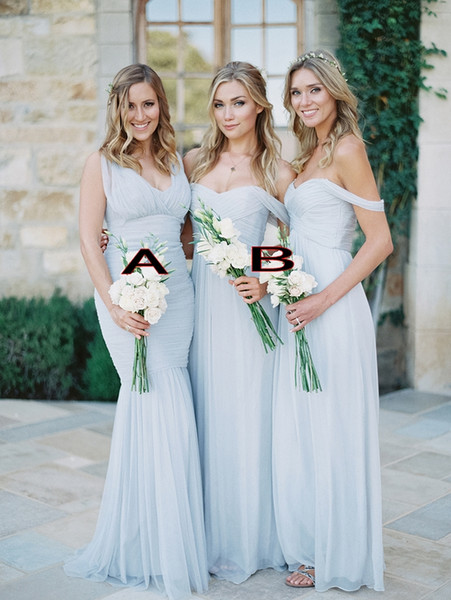 Gorgeous Draped Sky Blue Off-shoulder Beach Boho Long Bridesmaid Dresses Bohemian Wedding Prom Guest Bridesmaids Gown Cheap HY271