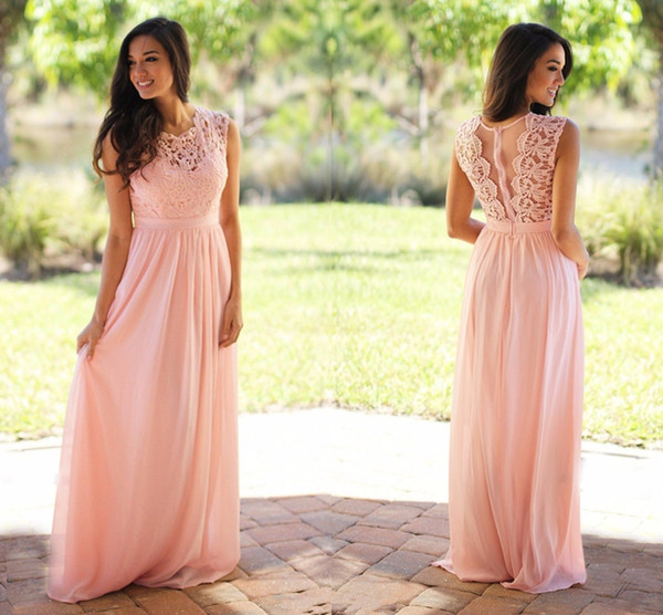 Long Blush Pink Lace Chiffon Bridesmaid Dresses Sheer Neck Lace Top Zipper Back Floor Length Maid Of Honor Wedding Guest Dresses HY166