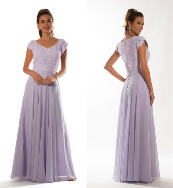 Lilac Long Modest Bridesmaid Dresses With Cap Sleeves Sweetheart Lace Bodice Chiffon A-line Temple Maids Of Honor Dresses DH4264