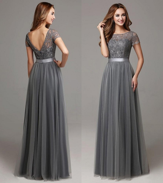 Grey Long Modest Lace Tulle Floor Length Women Bridesmaid Dresses Short Sleeves Sheer Neckline Formal Wedding Party Dresses DH4266