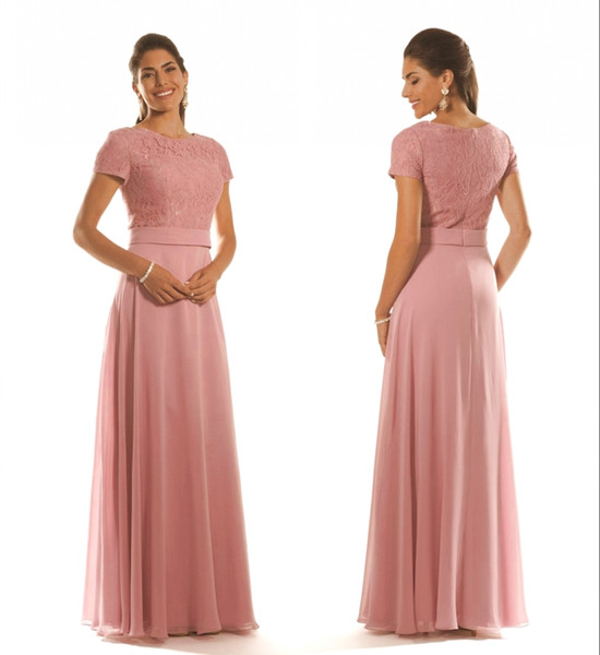 Dusty Pink Long Modest Bridesmaid Dresses With Short Sleeves Jewel Lace Bodice Chiffon Formal Evening Gpwns Plus Size Prom Dresses DH4262