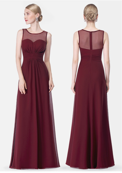 Red Bridesmaid Dresses Chiffon Long Floor Length Empire Waist Maid Of Honor Jewel Neck Sheer Zipper Back Honor Bridal Gowns DH4222