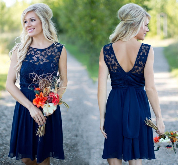 Newest Royal Blue Short Bridesmaid Dresses For Wedding Chiffon Laces Cheap Jewel Backless Knee Length Maid Of Honor Dresses