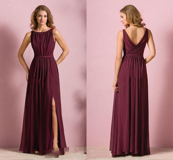 Elegant Cheap Wine Red Chiffon Long Beach Bridesmaid Dresses Wedding Party Dress For Women Maid Of Honor Dresses With Split Jewel Neck HY165