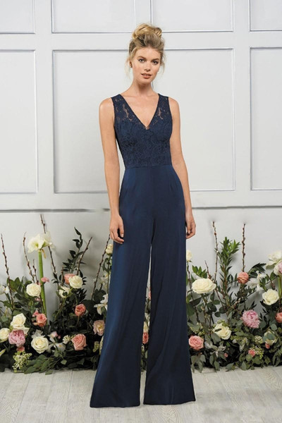 Jasmine Jumpsuits Bridesmaids Dresses V Neck Dark Navy Maid of Honor Gowns Beach Cheap Wedding Guest Party Gowns Vestidos De Novia