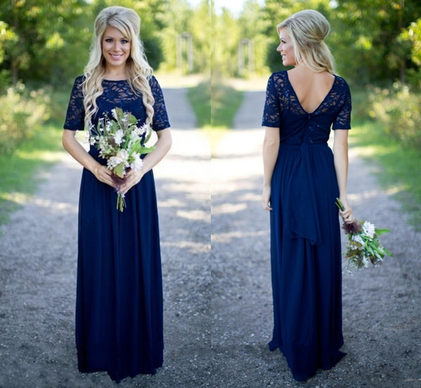 Country Bridesmaid Dresses Hot Long For Weddings Navy Blue Chiffon Short Sleeves Illusion Lace Beads Floor Length Maid Honor Gowns