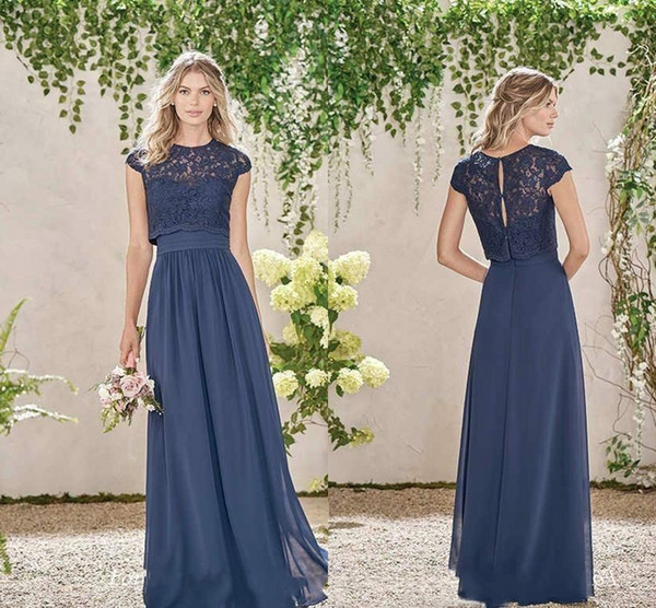 Elegant Cheap Dark Navy Long Bridesmaid Dresses Two Pieces Lace Maid Of Honor Dresses Wedding Guest Gowns Custom Made Plus Size