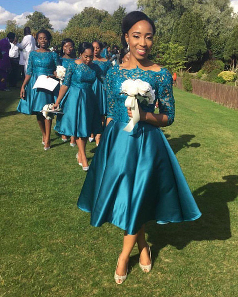 Teal Satin Tea Length Nigerian Country Bridesmaid Dresses Half Sleeve Lace Evening Party Gowns For Wedding Guest Dresses Plus Size