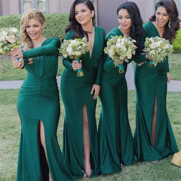 Long Sleeves Dark Green Long Bridesmaid Dresses Simple Deep V Neck Front Split maid of honor dresses for wedding guest dresses Cheap