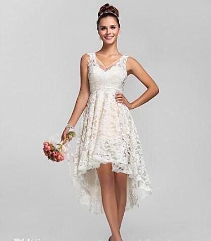 Bridesmaid Dresses A Line Lace High Low V Neck Backless Charming Beach Garden Ivory Custom Made Short Wedding Dresses High Quality 22