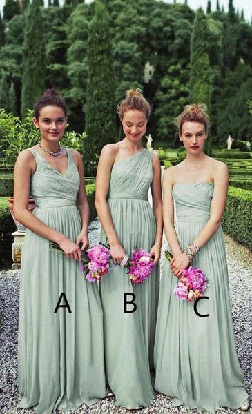 A Line long bridesmaid dresses Ruffle Prom Party Gowns Long Sleeveless One Shoulder Strapless V Neck Ruched Chiffon Maid of Honor