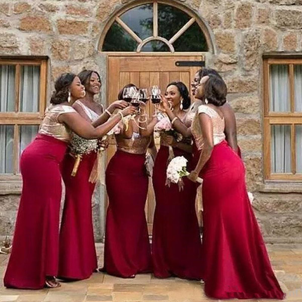 African Rose Gold Sequined Top Red Chiffon Mermaid Bridesmaid Dresses Long Maid Of Honor Wedding Guest Formal Evening Dresses 76