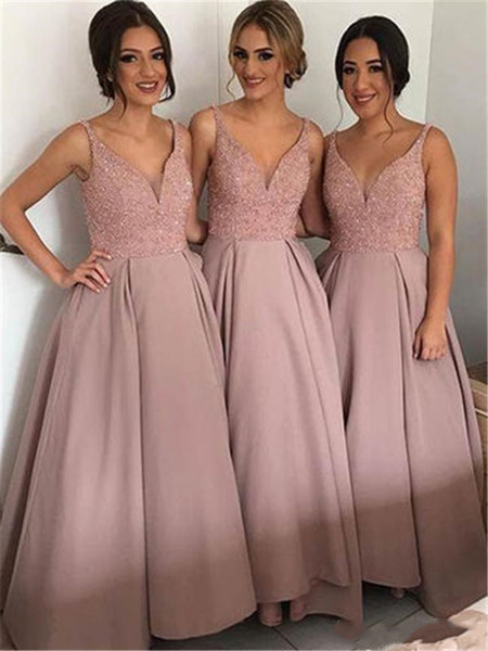 Elegant Beaded Satin Bridesmaid Dresses Blush Pink Maid Of Honor Dress V Neck Evening Party Dresses Wedding Guest Dresses Custom Made