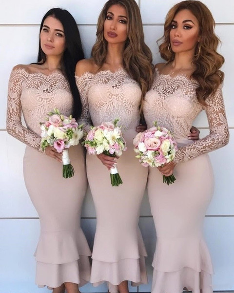 Off the Shoulder Long Sleeve Lace Bridesmaid Dresses Ankle Length Elastic Satin Wedding Guest Dresses Bridesmaid Gowns Maid of Honor Dress