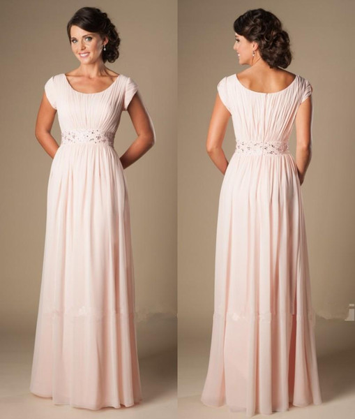 Blushing Pink Long Formal Full Length Modest Chiffon Evening Bridesmaid Dresses With Cap Sleeves Beaded Ruched Evening Party Gown 06