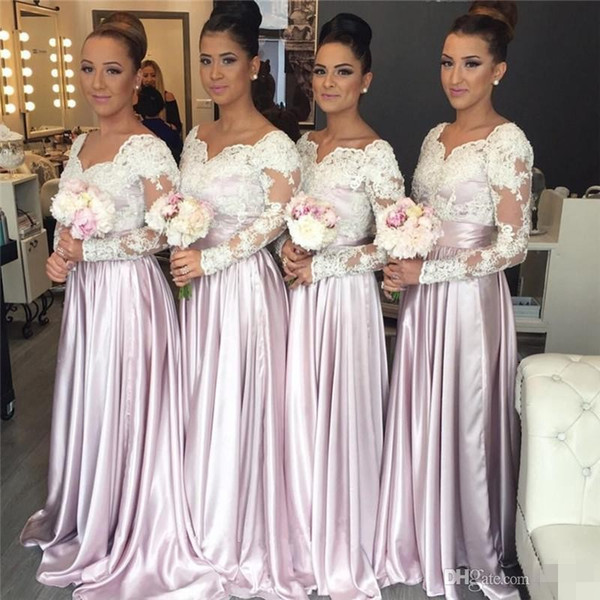 Pink Cheap Bridesmaid Dresses Lace Applique A Line Long Illusion Sleeves V Neck Cheap Maid of Honor Dresses Custom mm26