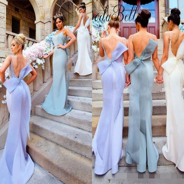 Custom Made Mermaid Bridesmaid Dresses Sexy Backless Straps With Big Bow Sash Long Wedding Guest Dresses Evening Gowns mm25