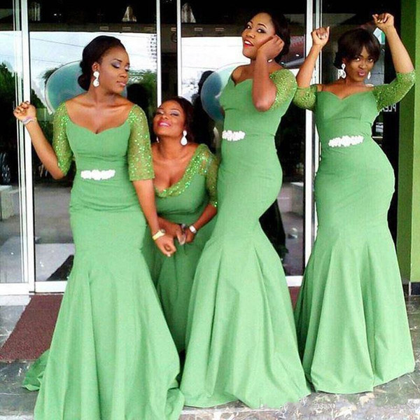 Sequin Lace bellanaija African Bridesmaid Dresses Nigerian Green Wedding Guest Dresses Party Half Long Sleeve Mermaid Bridesmaids Gowns Sash