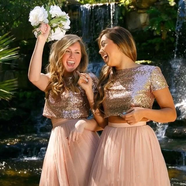 2 Pieces Sequin Short Bridesmaid Dresses Short Sleeve Knee Length A Line Country Wedding Party Dresses Chiffon Bridesmaids Gown Rose Gold