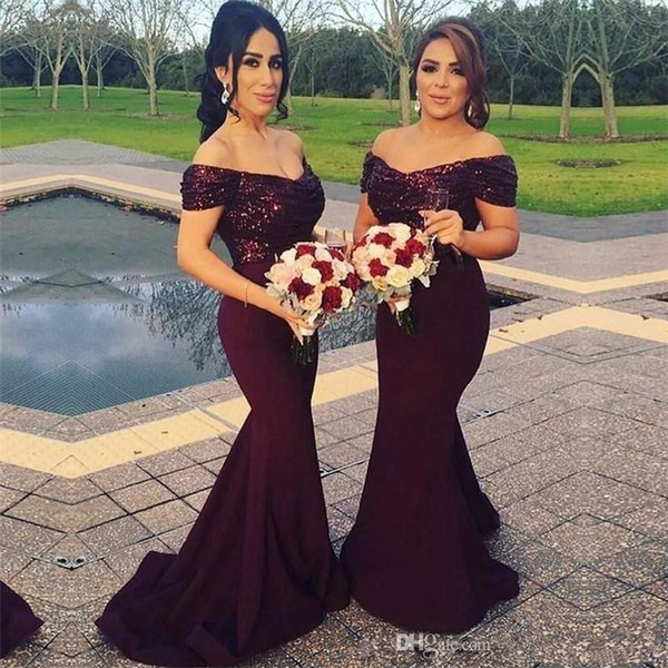 Burgundy Sequins Mermaid Bridesmaid Dresses 2017 Sexy V Neck Off Shoulder Floor Length Maid of Honor Gowns Plus Size Wedding Guest Dresses