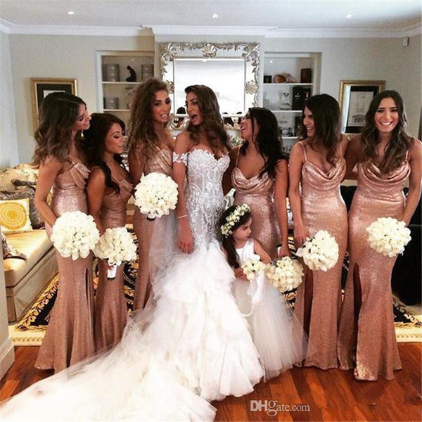 2017 Side Slit Gold Bridesmaid Dresses Mermaid Spaghetti Straps Floor Length Sequined Prom Party Dress Plus Size Wedding Guest Dresses Cheap