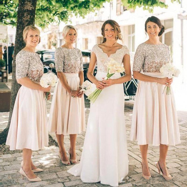 2017 New Blush Two Pieces Bridesmaid Dresses Half Sleeves Sequins Maid of Honor Dress Vintage Tea Length Prom Party Gowns Crop