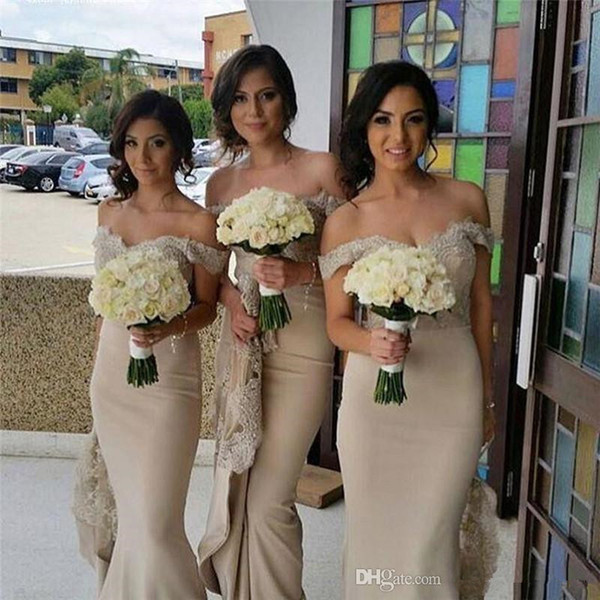 Champagne Long Mermaid Bridesmaid Dresses Sexy Off the Shoulder Lace Appliques Country Wedding Party Dress Plus Size Maid of Honor Gown