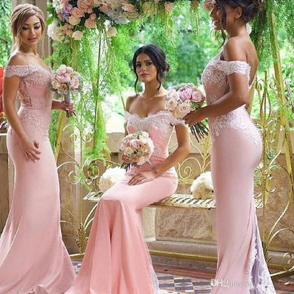 Hot Sale Vestidos de madrinha 2017 Elegant Scoop Off Shoulder Maid of Honor Dresses Mermaid Appliques Chiffon Pink Long Bridesmaid Dresses