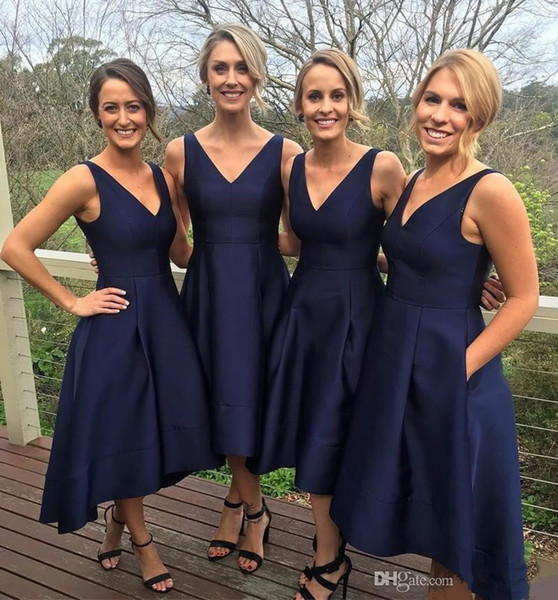 2017 Navy Blue Short High-Low Bridesmaid Dresses With Pockets Cheap V-Neck Pleats Maid Of Honor Gowns Formal Junior Bridesmaids Dress