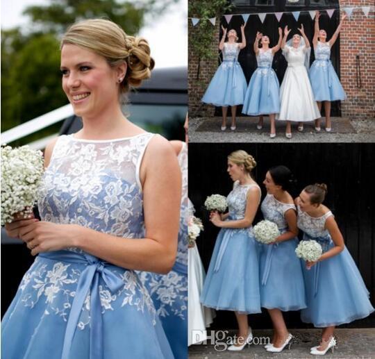 Ice Blue Tea Length Bridesmaid Dresses Cheap 2016 Sheer Scoop Neck with Appliques Short Summer Maid of Honor Gowns Mother Dresses