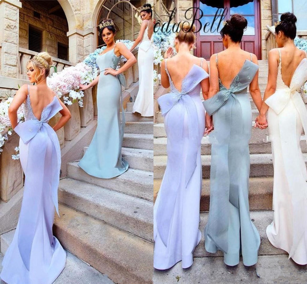 New Custom Made Mermaid Bridesmaid Dresses Sexy Backless Spaghetti Straps With Big Bow Sash Long Wedding Guest Dresses Evening Gowns