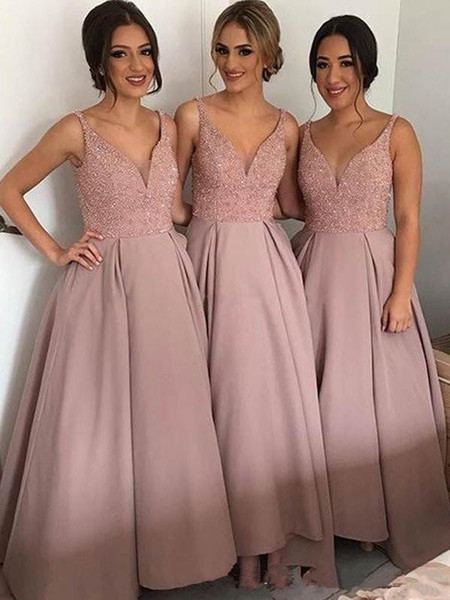 New Rose Gold Ankle Length Bridesmaid Dresses V Neck Spaghetti Sequins Beaded Satin Wedding Party Gowns Modest Prom Evening Dresses