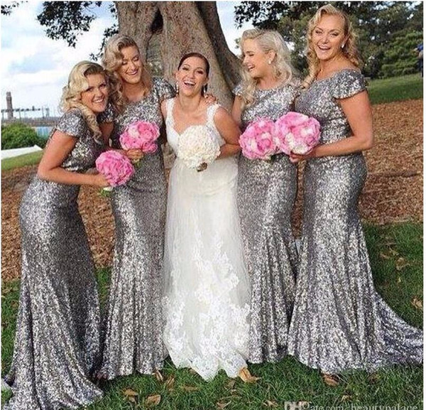 2017 Silver Sequined Sparkly Bridesmaid Dresses Hot Sale Cheap Floor Length Cap Sleeves Shining Mermaid Maid Of Honor Dress