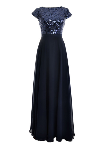 MACloth Women Boat Neck Cap Sleeve A Line Long Maxi Sequin Wedding Party Birdesmaid Dress Formal Evening Gown 160233