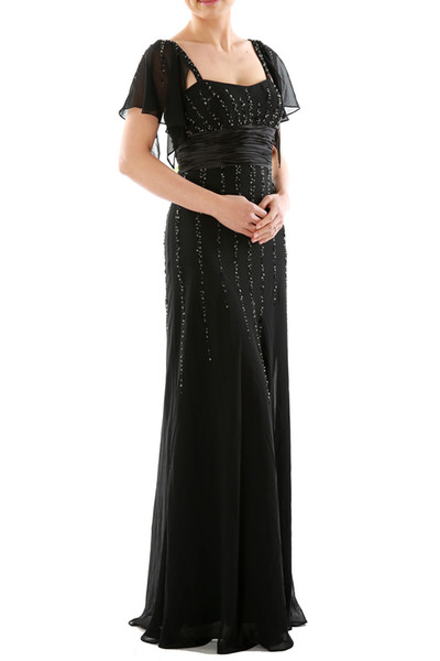 MACloth Women Long Maxi Scoop Neck Short Sleeves Beaded Chiffon Formal Party Evening Gown Wedding Party Mother of the Bride Dress 160165