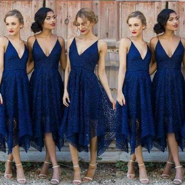 Formal Dresses Dark Navy Lace Tea-Bength Bridesmaid Dresses New style Custom size Hollow Cocktail Dresses DK026