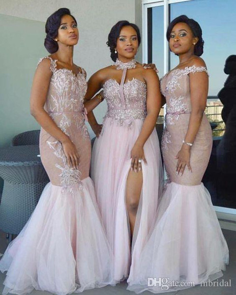 Mermaid Bridesmaid Dresses 2017 New Sleeveless Floor Length Tull Lace Applique Formal Wedding Gown Evening Dresses Custom Made Plus Size